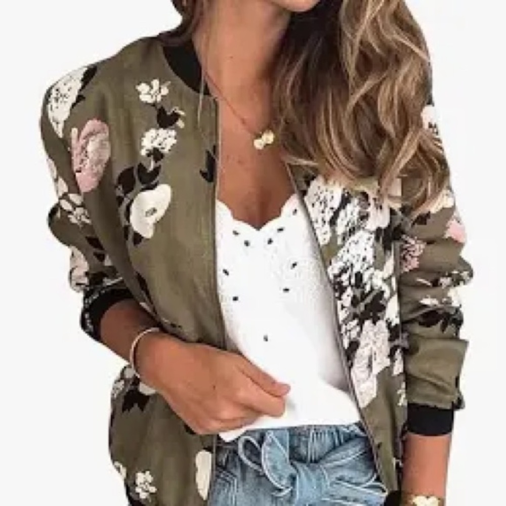 Floral Print Bomber Jacket - Olive Green
